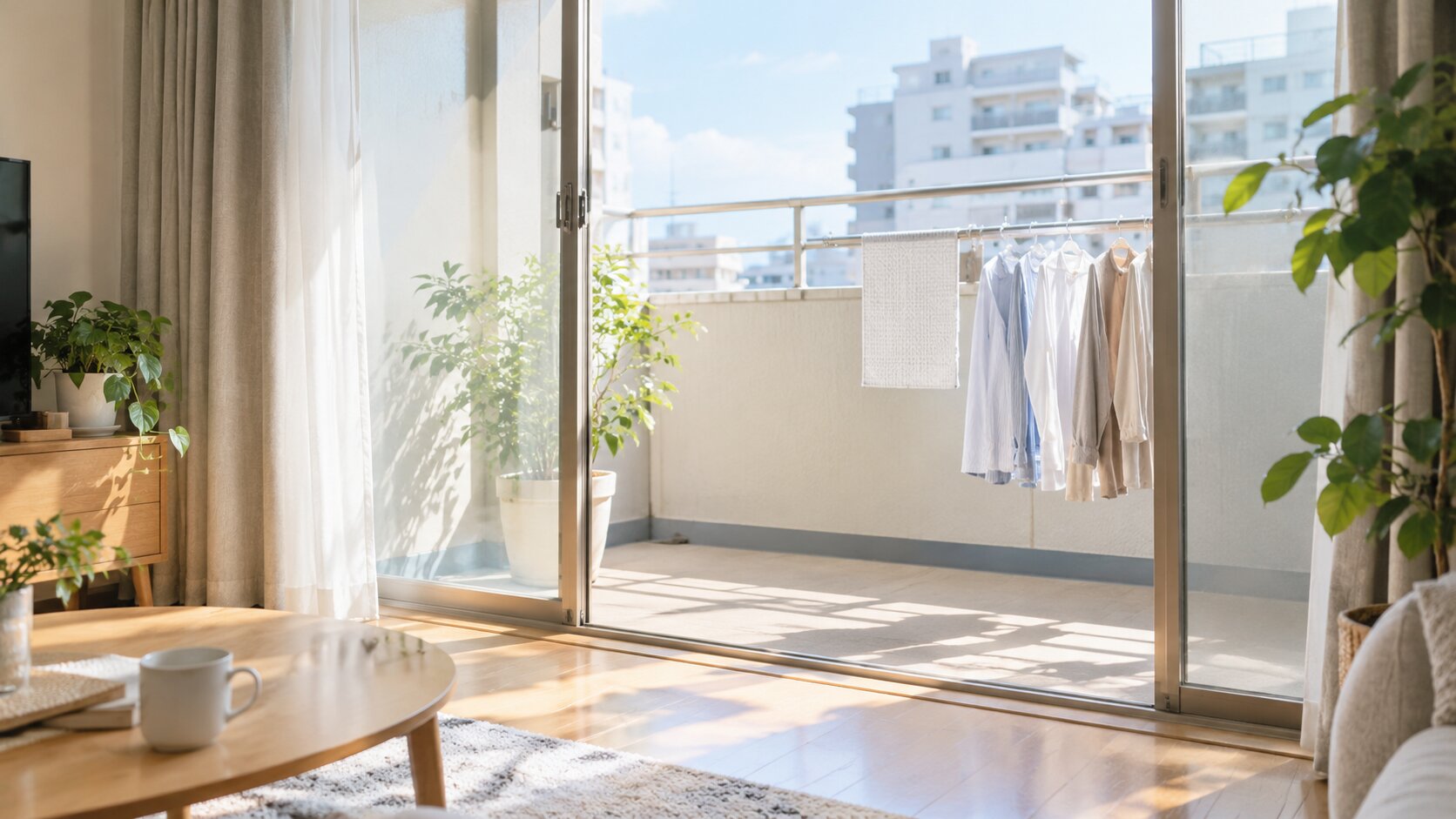 明るい賃貸マンションのベランダ。ガラス戸から見える室内に厚手のカーテンと観葉植物が置かれ、洗濯物が静かに干された様子