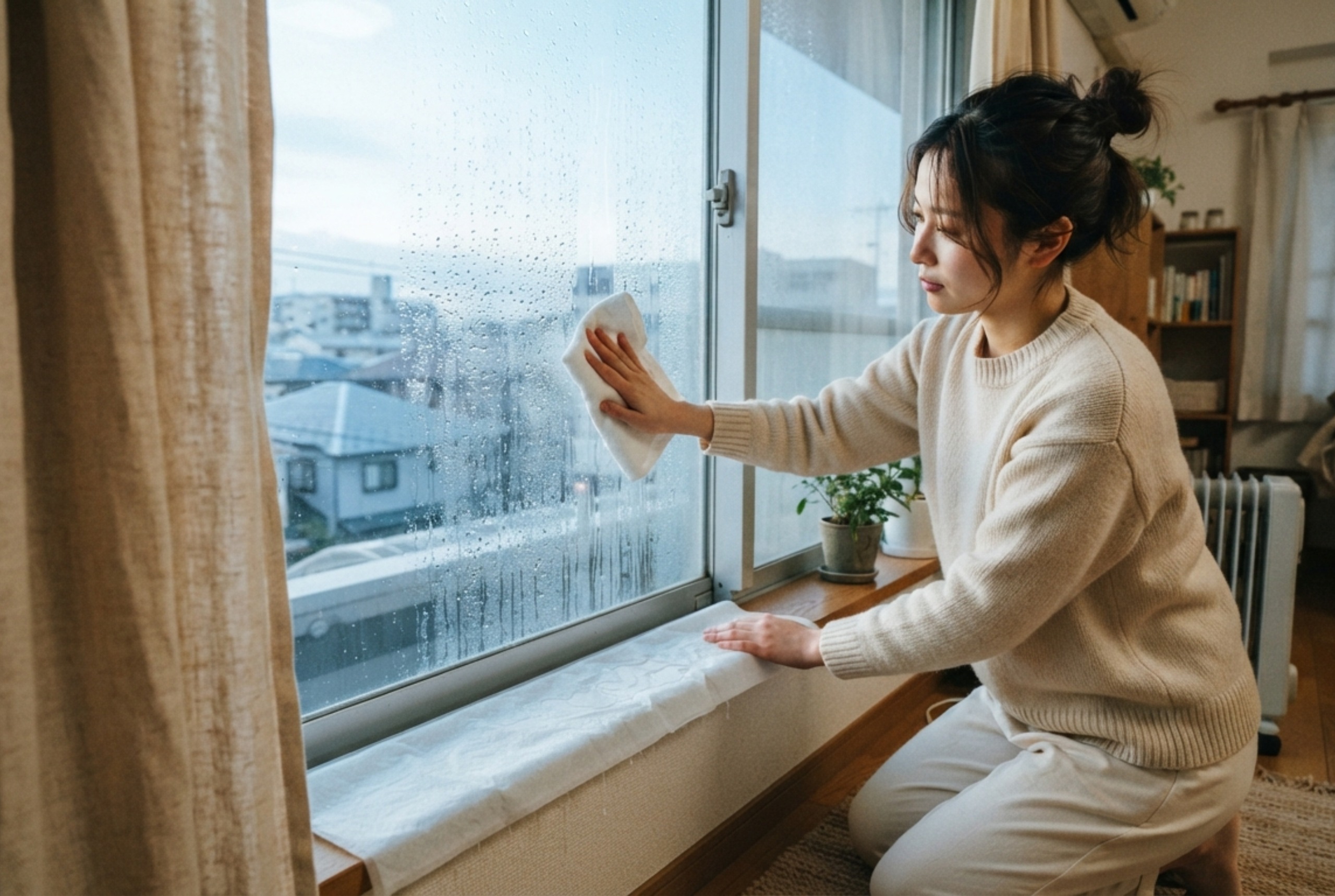 冬の朝の賃貸の部屋で、窓ガラスに大量の水滴がつき、窓枠の下に設置した吸水シートとタオルが置かれた様子。厚手のカーテンがかかった窓