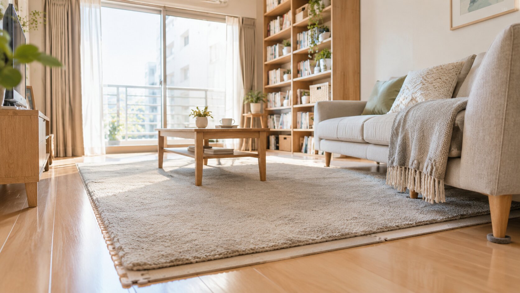 明るい賃貸マンションの室内。床にラグとジョイントマットを敷き、壁沿いに本棚を置いた落ち着いたリビング