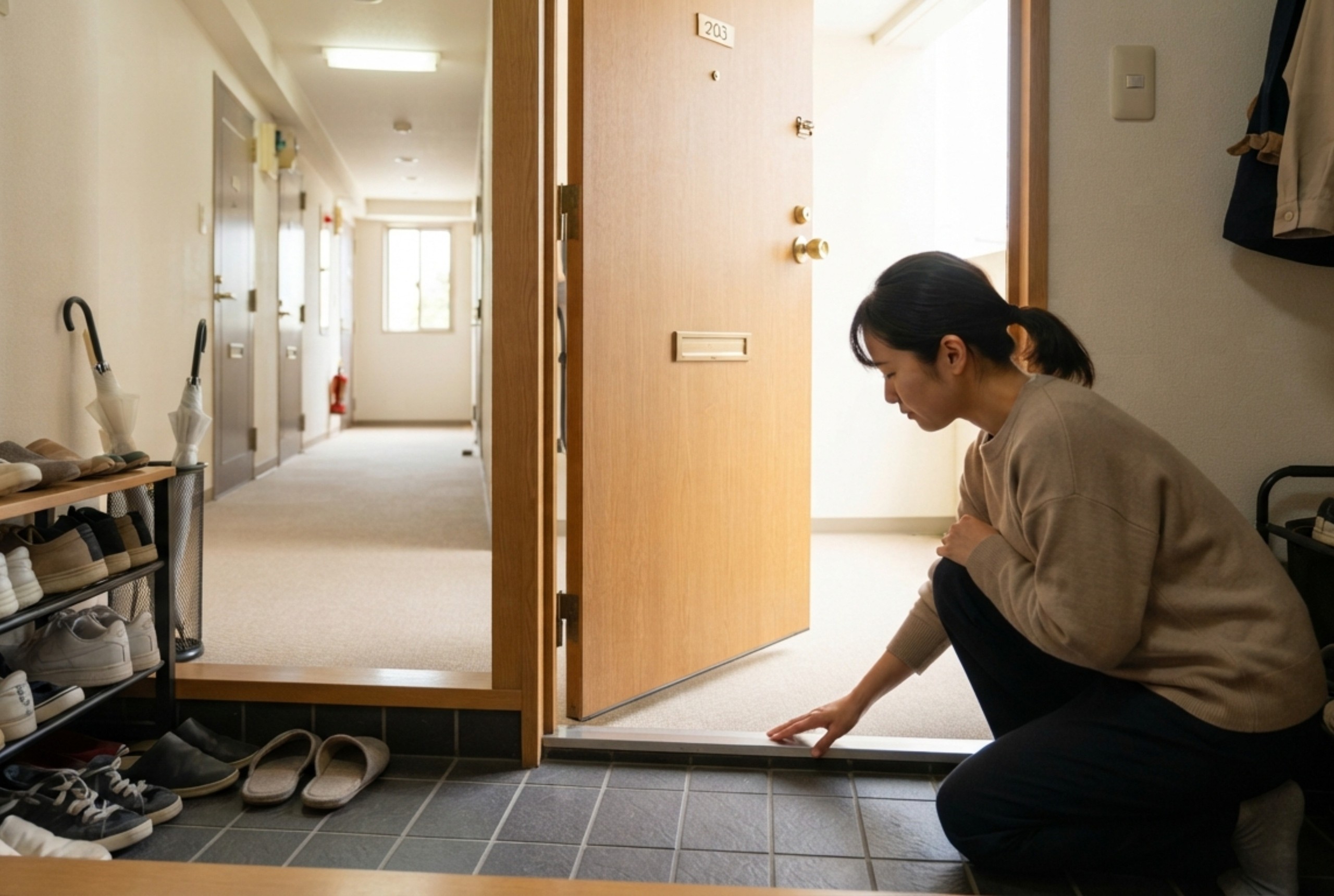 明るい賃貸アパートの室内で、玄関ドアの隙間を確認している手元の様子
