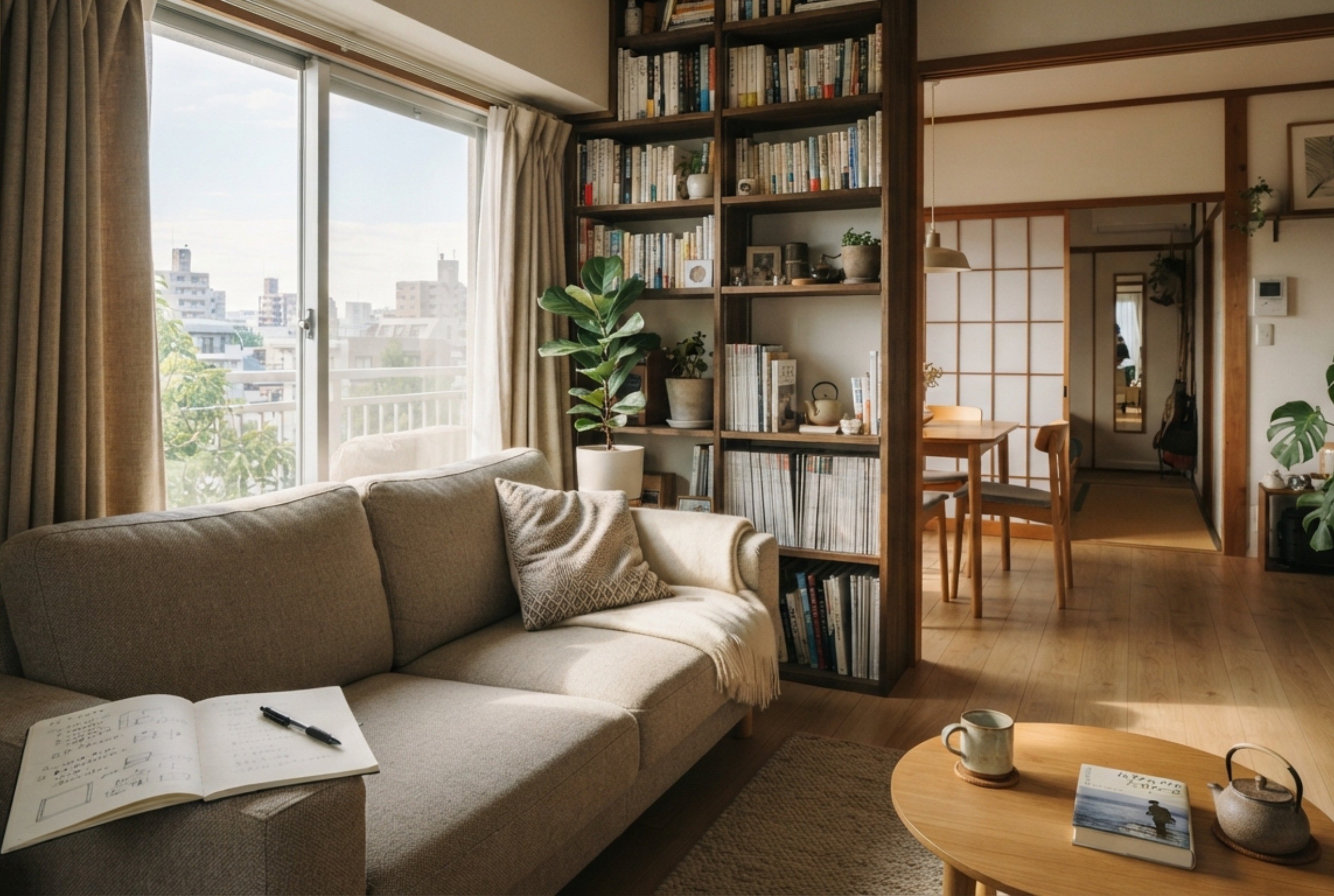 明るい賃貸マンションのリビング。窓辺に本棚と厚手のカーテン、ソファに座ってノートにメモを取る手元の様子