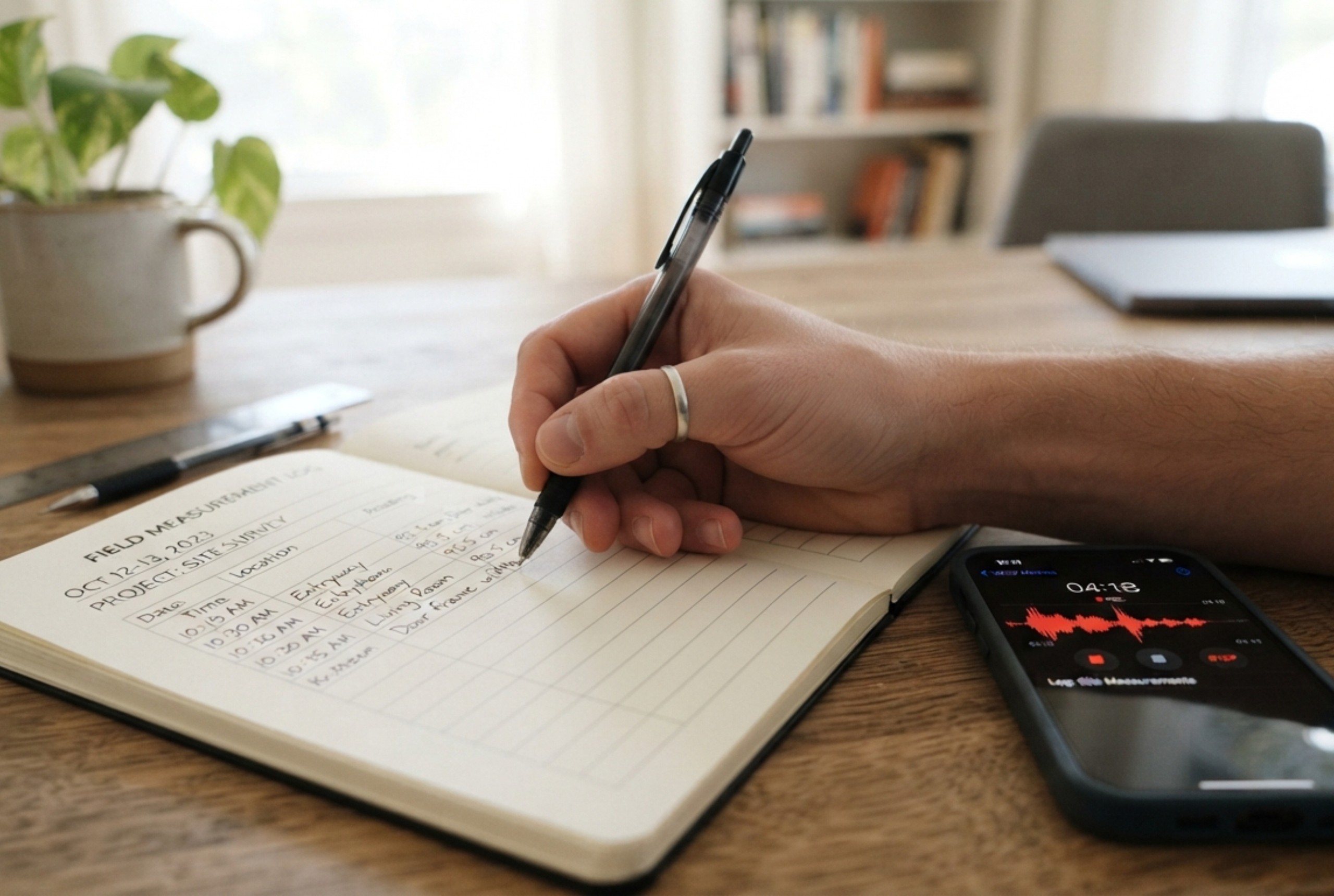 明るい部屋のテーブルでノートに記録を書き込む手元と、置かれたスマートフォンやノートパソコンの様子