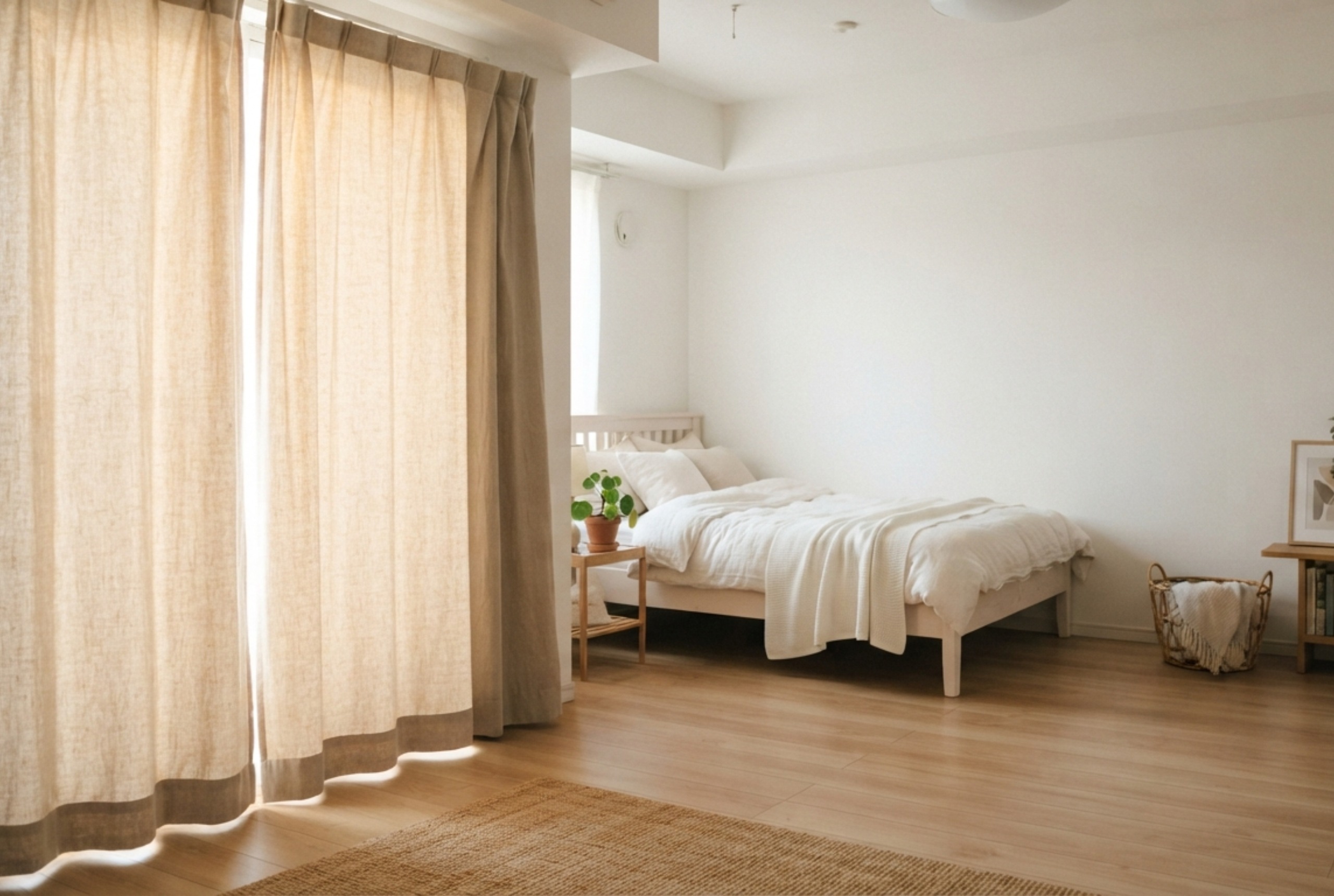 木床の明るい賃貸の部屋で、窓枠より広い床まで届くベージュの厚手カーテンで窓を覆い、朝の柔らかい光が差し込む様子