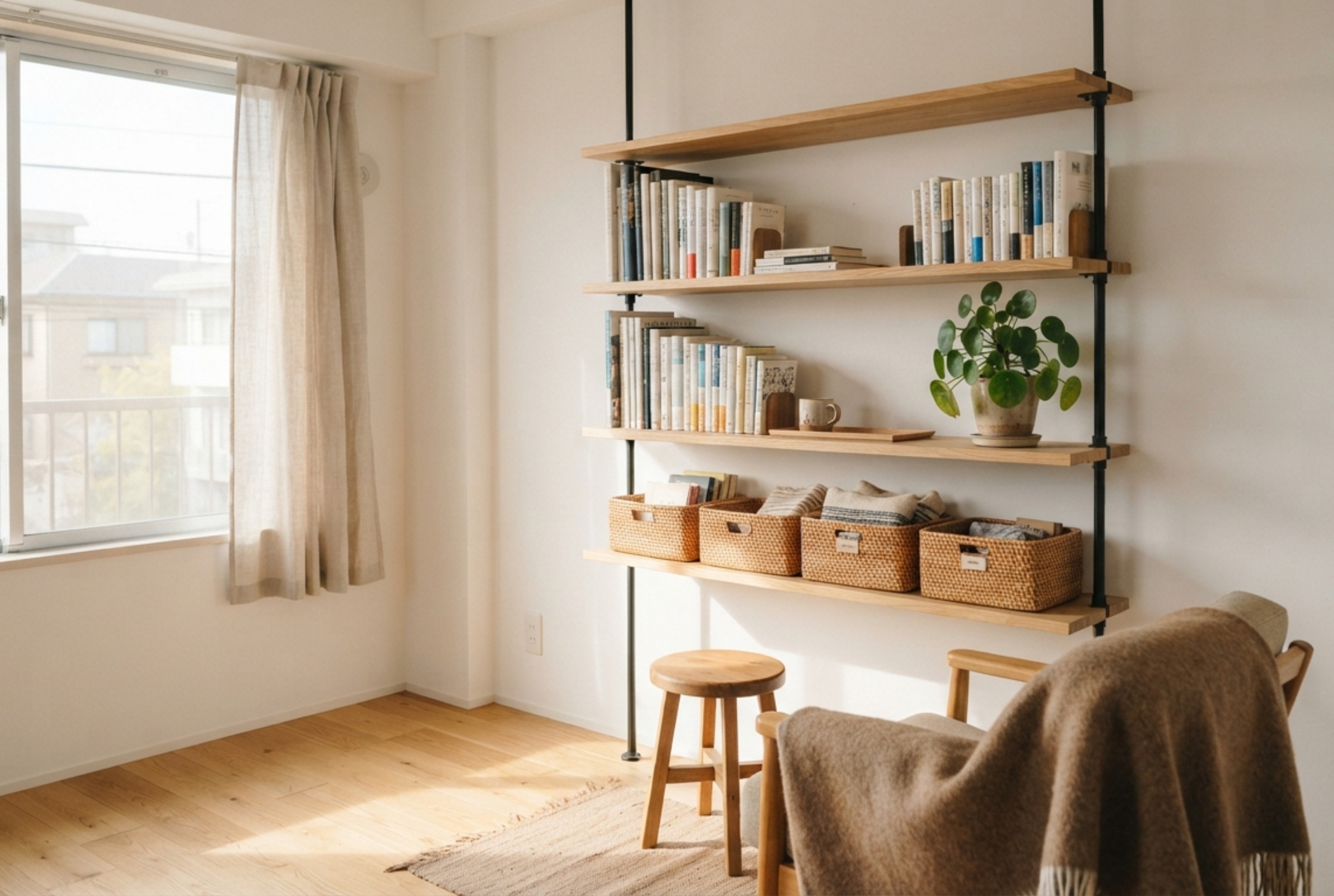 木床の明るい賃貸の部屋で、壁面に突っ張り柱で支えられた木の棚に本や小物が整理され、朝の自然光が差し込む様子