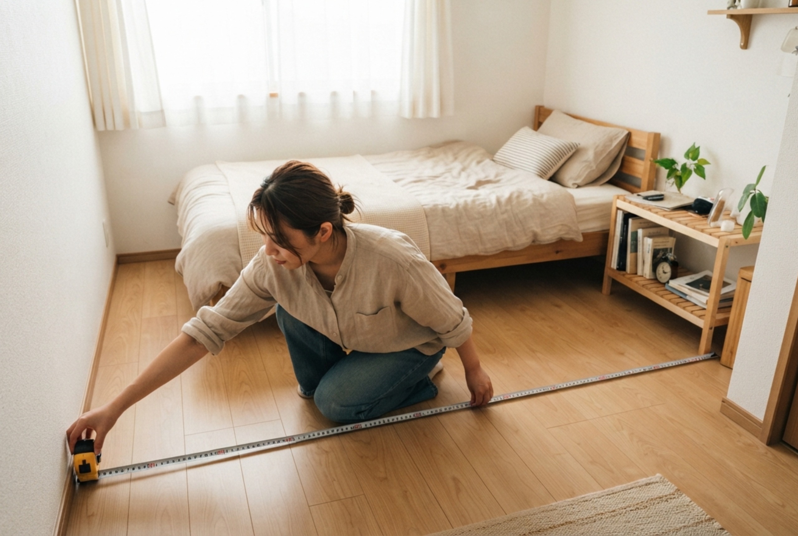 洋室6畳の部屋で巻尺を使って床の幅を測っている手元。木床の明るい部屋で壁際にベッドと収納が置かれた様子